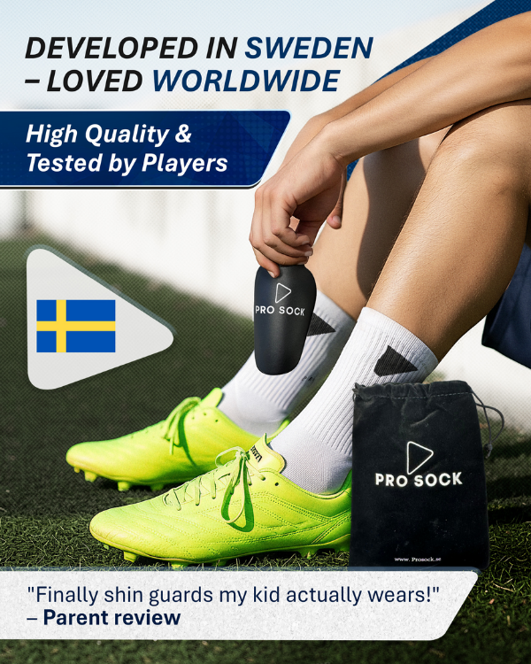 Fotbollsspelare med Pro Sock Mini benskydd under vila